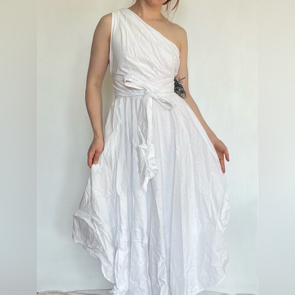 Sau Lee One Shoulder White Midi Dress Tie Waist Asymmetrical Hem Layered 4 - Picture 1 of 15
